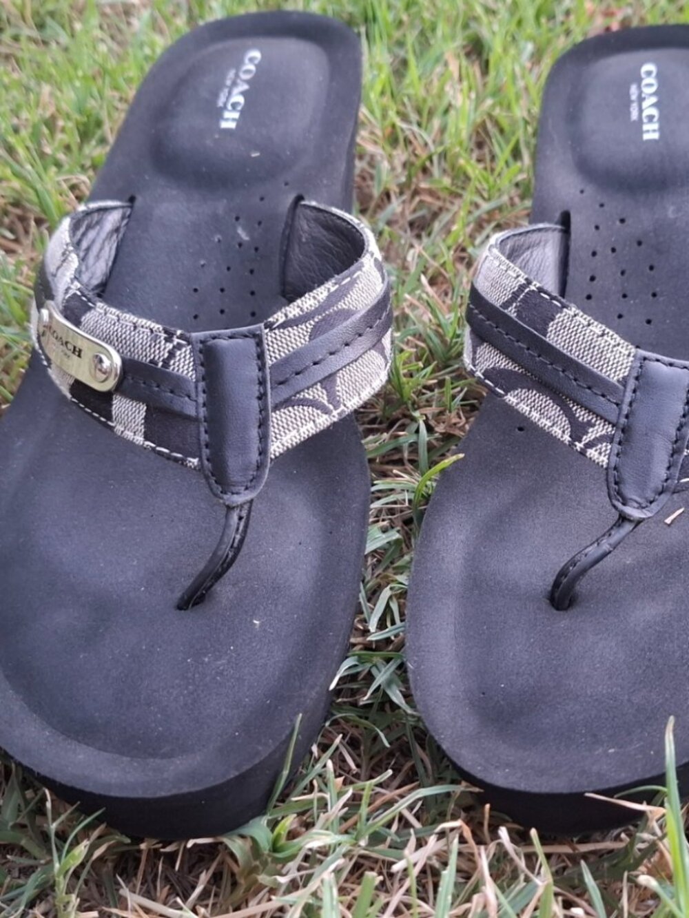 COACH Black Signature Platform Thong Sandals with Logo Plaque